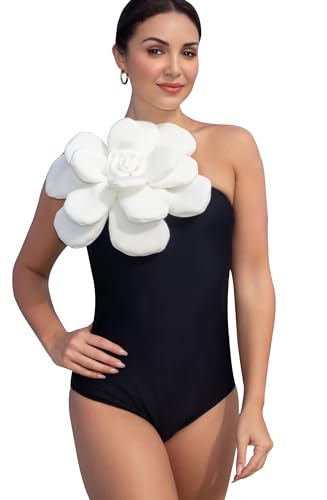 SPORLIKE Women One Piece Swimsuit 3D Flower One Shoulder Bathing